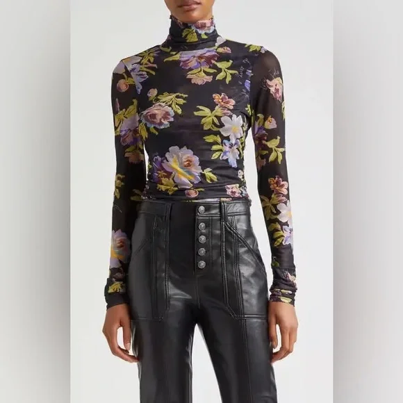 Cinq a sept Bridgette shirred mesh floral turtleneck top sz lg - Picture 5 of 15